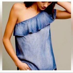 Anthropologie Cloth & Stone One Shoulder Ruffle Chambray Top